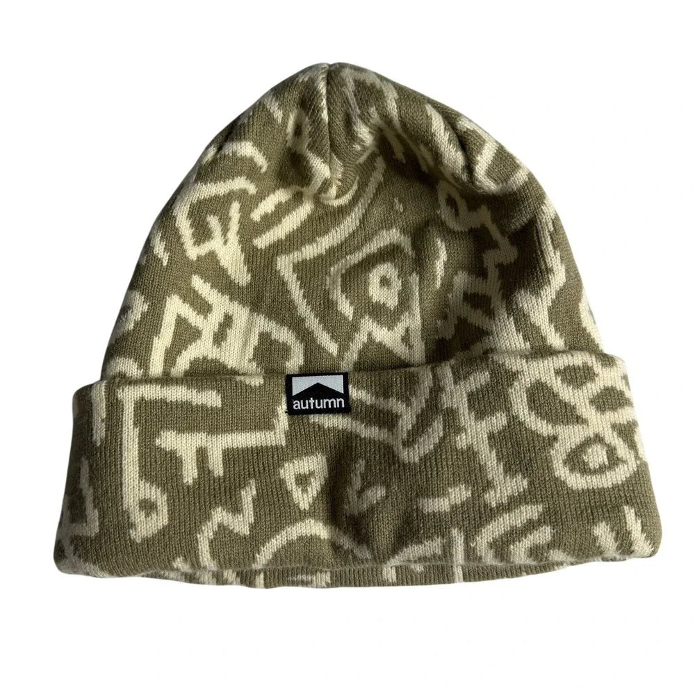 Autumn Soul Camo Knit Beanie Chinchilla Olive Green Abstract Print Hat One Size